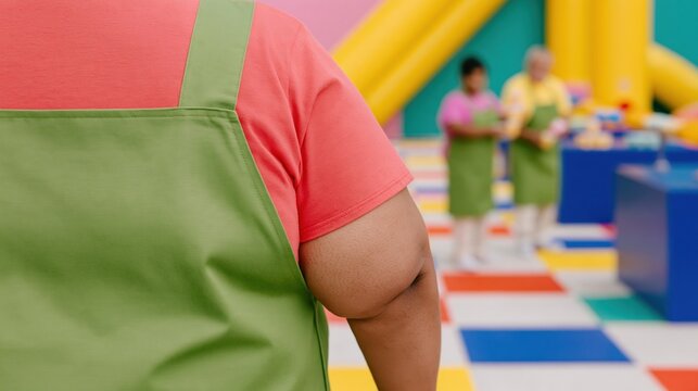 Slime green apron with copy space on a person in a wacky pomo cafe, featuring bright maximalist colors for a vibrant banner mockup