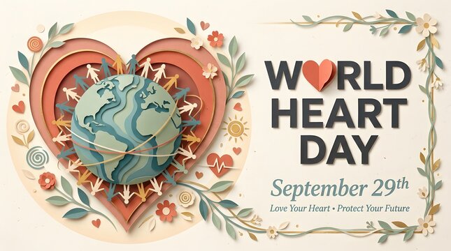 Papercraft heart frame encircles a globe with figures world heart day celebration