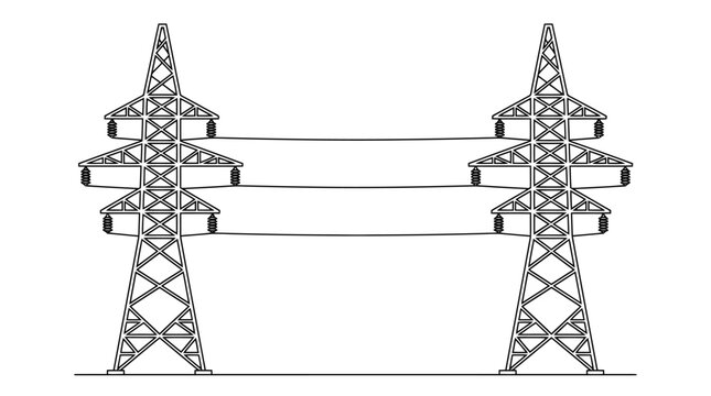Industrial high voltage power lines vector, steel electricity transmission towers on white background, energy infrastructure and utility grid supply