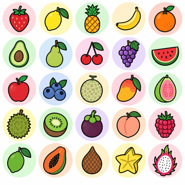 Vibrant 5x5 Grid of 25 Delicious and Refreshing Fruit Icons in a Cartoon Style