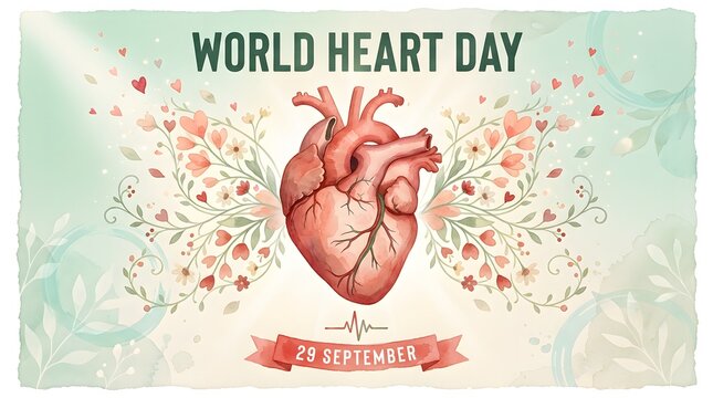 Realistic human heart illustration with floral ornament and medical heartbeat graphic