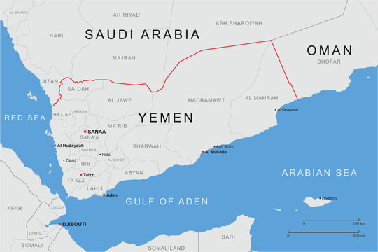 Map of yemen showing its borders with saudi arabia and oman, along with major cities and surrounding seas