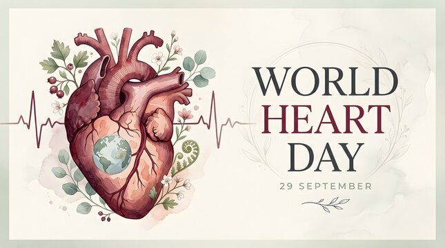Watercolor heart illustration with floral elements and a globe inside