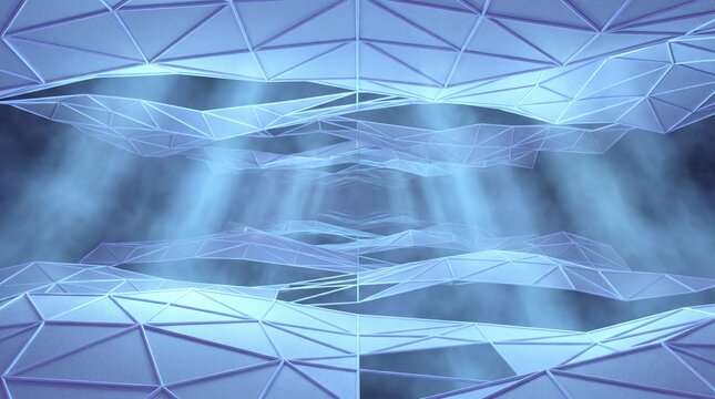 Dreamlike low poly lattice layers floating like digital waves with translucent cyan polygon surfaces and misty blue depth creating an abstract futuristic 3d landscape