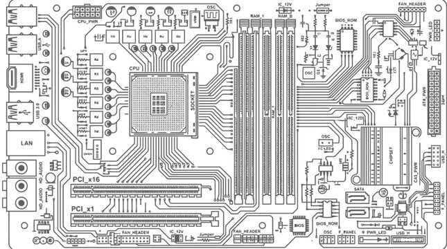 Detailed Schematic Diagram of a Computer Motherboard Circuit Board Layout vector illustration