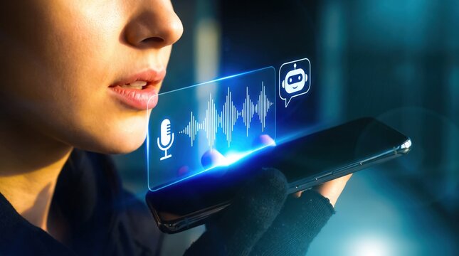 Close up of a person speaking to an AI chatbot on a smartphone