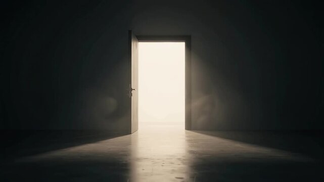 Open Door Into Bright Light In Dark Room Concept