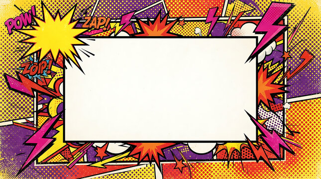 Blank white rectangular center frame on a colorful retro comic book pop art