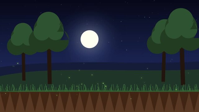 Night forest landscape with full moon and glowing fireflies in a flat vector motion animation