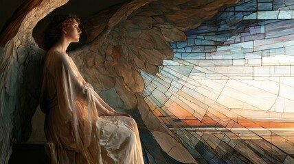 Fototapeta premium Solitary Angel Messenger in Flowing Robe Seated by Radiant Stained Glass Horizon, Christian Memorial Sympathy Art