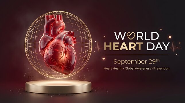 Realistic human heart displayed within a wireframe sphere medical illustration