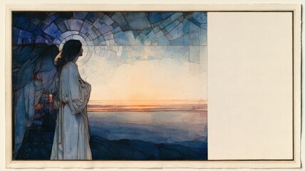 Obraz premium Watercolor Angel Messenger in Stained Glass Dawn, Memorial Sympathy Christian Comfort Background