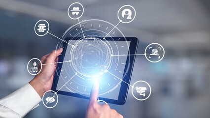 Obraz premium Cyber security icons show cyber attack defense, malware protection, and data security. Cybersecurity prevents hacking, ensures safety, and strengthens cyber attack resilience. Gist