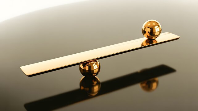 Golden balance beam with metal spheres creating a minimalist concept of stability and equilibrium