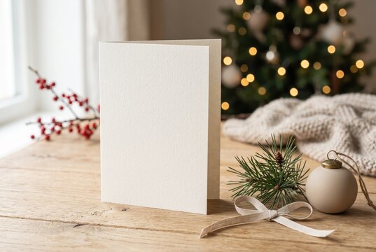 Christmas greeting card mockup with blank cream folded card, pine branch, ornament and festive lights