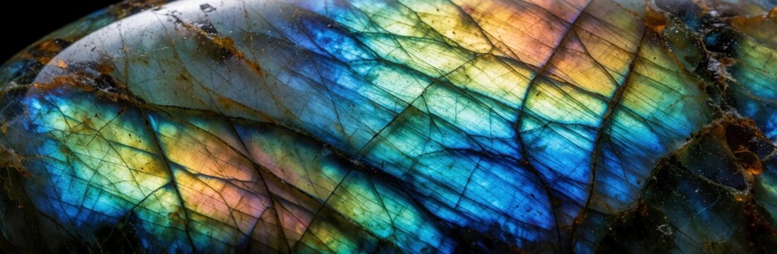 Extreme close up of polished labradorite stone texture. Iridescent mineral shows colorful blue green, gold flashes. Natural cracks, fractures create unique patterns on gemstone surface. Macro view of