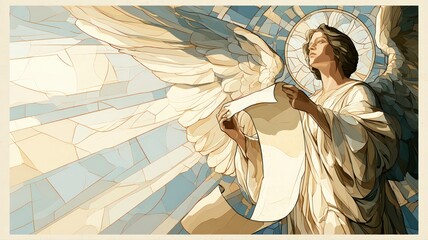 Fototapeta premium Contemporary Angel Messenger with Blank Scroll in Stained Glass, Memorial Sympathy Christian Art Background