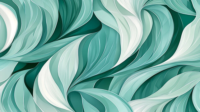 A green and white abstract painting of a wave
