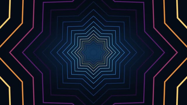 Neon glowing star tunnel abstract background with futuristic geometric lines and vibrant colorful gradient lighting