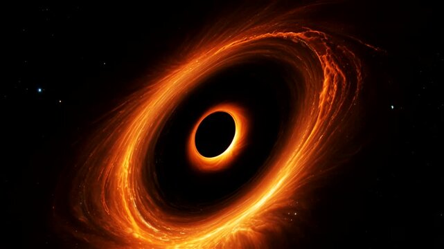 A giant black hole is surrounded by a rapidly spinning orange and yellow accretion disk.