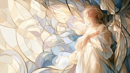 Obraz premium Heavenly Angel Messenger in Luminous Stained Glass, Contemporary Christian Sympathy and Memorial Art