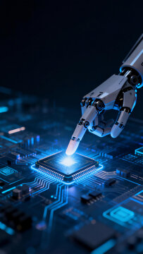 Robotic hand touching glowing electronic chip on circuit board