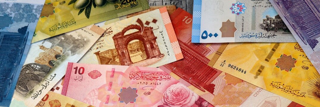 Syrian pound money bills in pile on table. Syria SYP currency cash close up