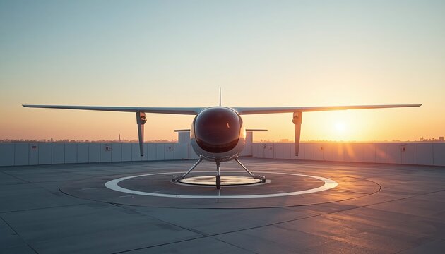 Commercial Electric Passenger Aircraft eVTOL Parked on Rooftop Vertiport at Sunrise
