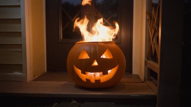 Carved pumpkin flickering on a doorstep