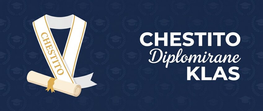 Graduation sash diploma banner congratulation celebration background graphic in Bulgarian language text Chestito Diplomirane Klas with graduation cap pattern vector for academic ceremony web banner