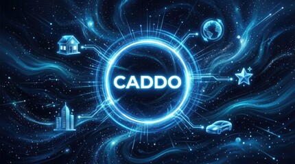 Fototapeta premium Futuristic digital illustration featuring the word caddo surrounded by glowing neon circuitry and abstract shapes