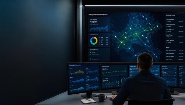 Energy Grid Engineer Monitoring Renewable Power Distribution in Control Room