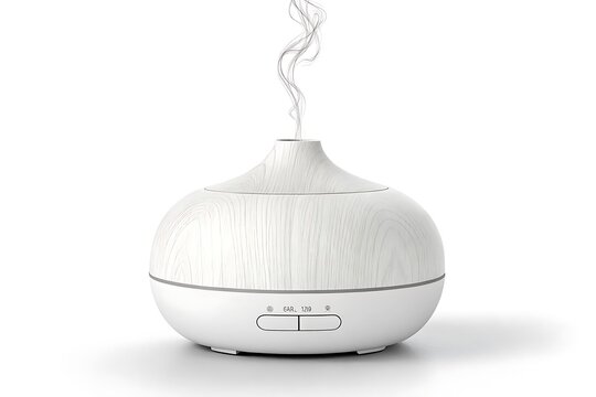 White wooden diffuser emitting essential oil mist