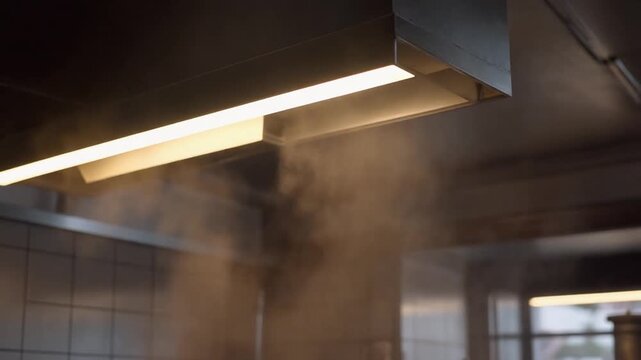 Steam drifting across a kitchen pass light