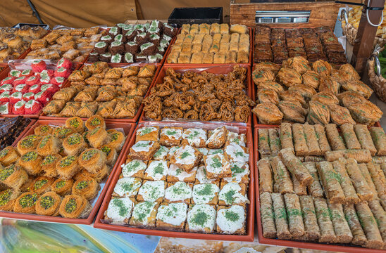 Assortment of middle eastern sweets and pastries on display