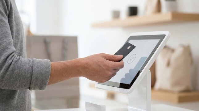 Customer making a contactless credit card payment at a retail store. Hand tapping a black card on a modern POS terminal with a success checkmark
