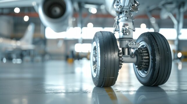 aviation maintenance. Aircraft landing gear with wheels and brake assembly positioned on a polished floor inside a modern hangar with blurred airplane in the background
