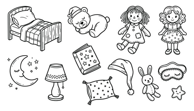 Hand Drawn Kids Bedtime Collection with Bed, Teddy Bear, Dolls, Moon, Pillow, Lamp, Nightcap, Slippers, and Sleep Accessories