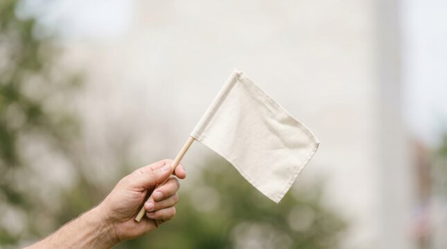 Hand holding a blank white flag on a wooden stick. Empty pennant mockup against a blurred outdoor background. Copy space for text