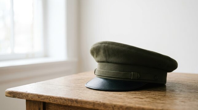 Olive green military officer cap on a wooden table. Army uniform headwear near a window. Veteran and military service concept. Copy space for text