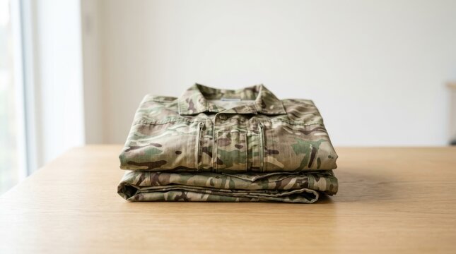 Neatly folded camouflage military uniform on a wooden table. Army combat jacket and trousers in a stack. Preparation for duty concept