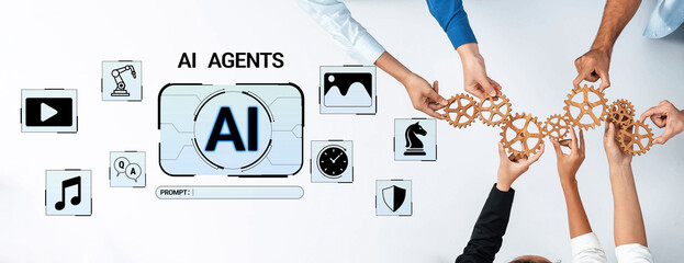 Obraz premium Hands Collaborating with Gears and Technology Icons Representing AI Agents and Innovations in Automation and Machine Learning Solutions Haptic.