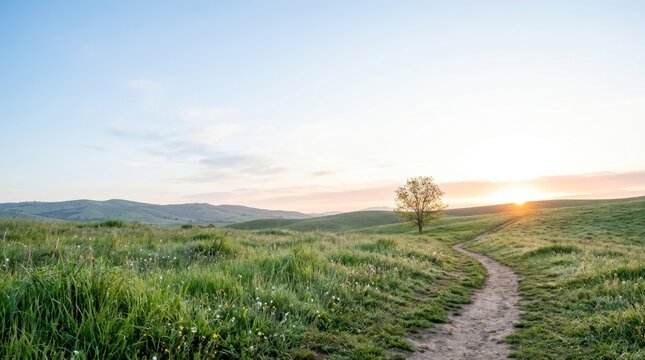 Sunrise over a rolling green spring landscape. A dirt path winding through grassy hills at dawn