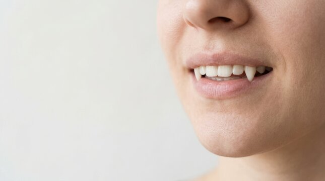 Close up of a woman wearing vampire fangs. Halloween costume makeup and dental accessory