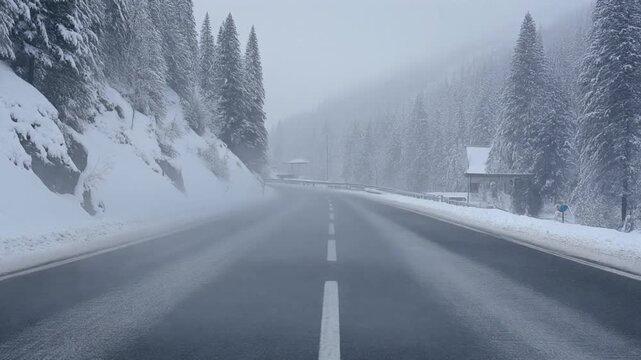 Snow drifting across a mountain pass