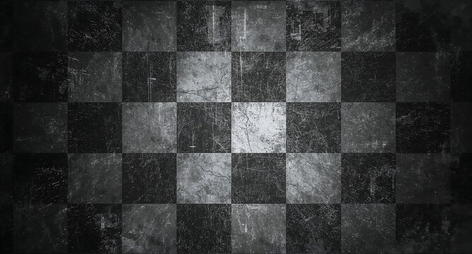 Grungy checkered pattern background with distressed texture and centered light spotlight effect