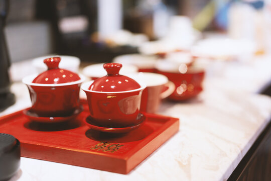 Red Chinese Tea Sets on Wooden Tray in Traditional Tea House, Beijing, China