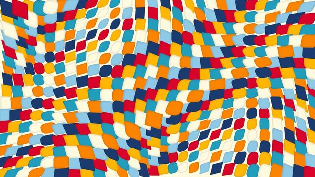 Vibrant abstract optical illusion background with colorful warped grid patterns and dynamic geometric retro shapes
