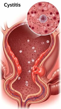 Inflammation condition bladder: cystitis impact, bladder wall, urinary system, bacterial presence, tissue damage, medical condition, microscopic view, organ distress.
