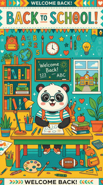 Cute panda student in a colorful classroom back to school poster background for kids banner and education design